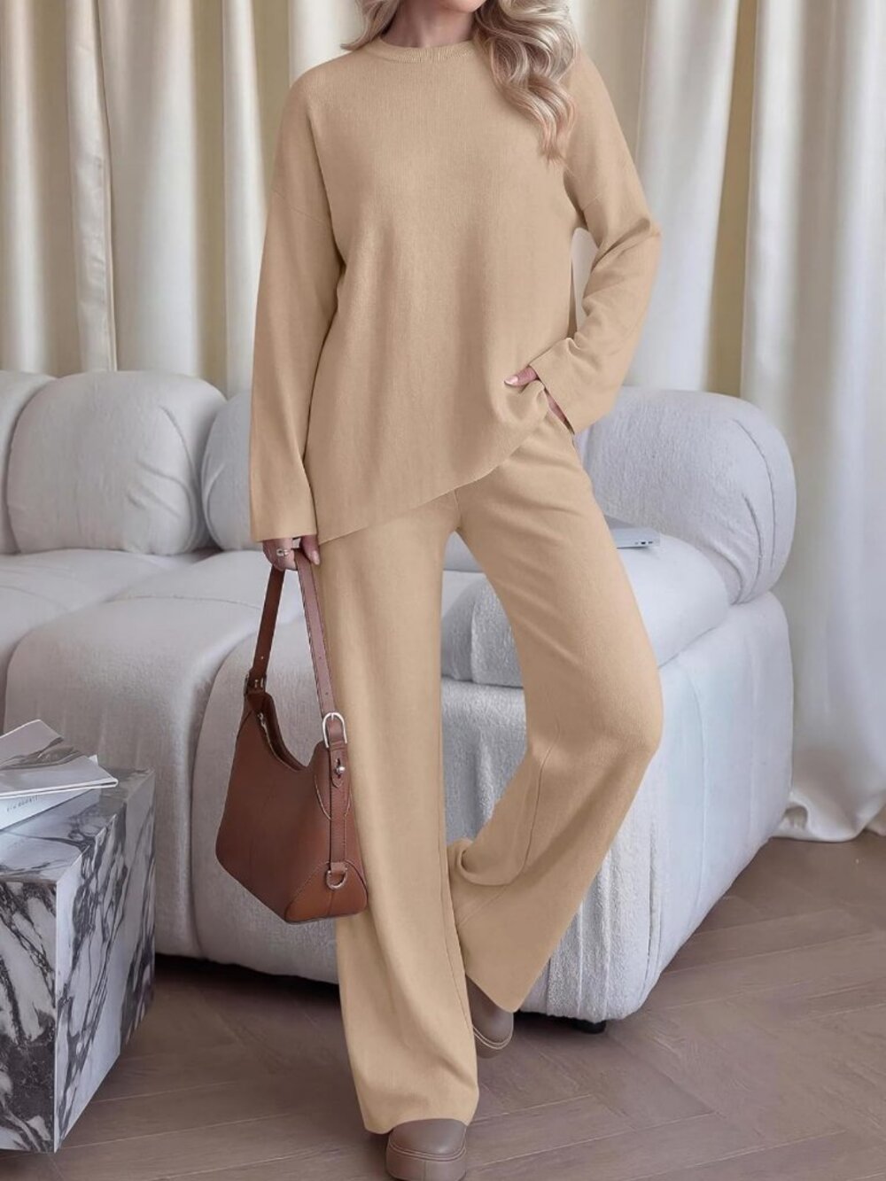 Cozy Fall 2-Piece Asymmetric Sweater & Lounge Set for Travel & Relaxation - Picture 6 of 7